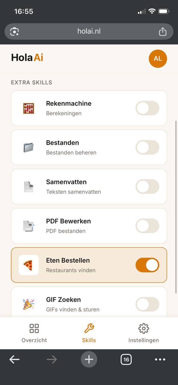Overzicht van extra skills in de Hola AI portal