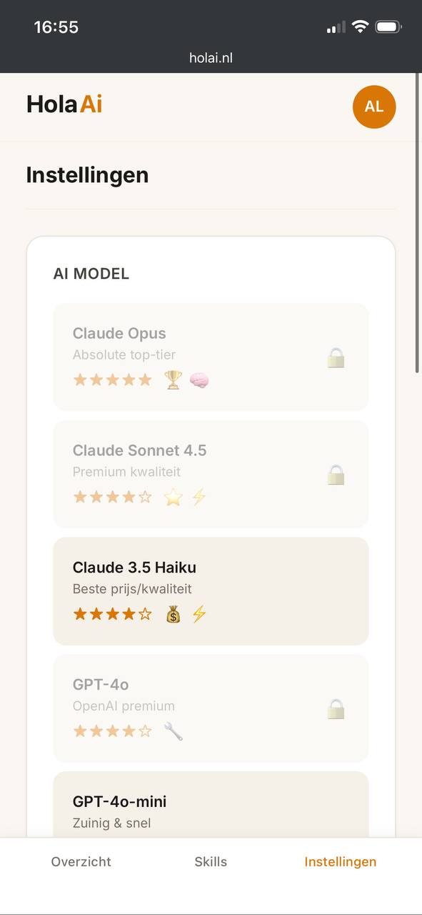 Instellingenpagina in de Hola AI portal